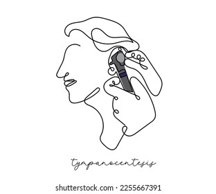 line art vector of a person suffering from tinnitus. Need of otoscopy. Ear exam concept art.