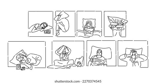 Line art vector of a person suffering from Insomnia. Sleep deprivation concept art. 