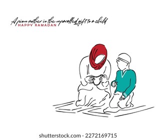 Vector de línea de arte, una mujer musulmana piadosa sentada en una alfombra de oración con su hijo. Un modelo ejemplar de rol de un niño. Arte conceptual de los musulmanes. Feliz Ramadán.