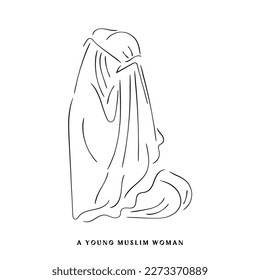 vector de arte de línea de una mujer musulmana piadosa rezando en jilbab. Las mujeres en el Islam.