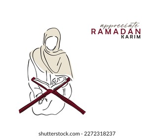 Line art vector of a pious and practicing Muslim woman reciting Quran with Humility. Let this Ramadan help you grow. Appreciate the blessing of Ramadan.