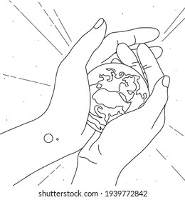 line art vector. Planet Earth in a woman's hand and space. The planet is in your hands. Save the Earth. The concept of the environment. Isolated on a white background.