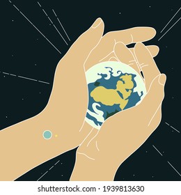 line art vector. Planet Earth in a woman's hand and space. The planet is in your hands. Save the Earth. The concept of the environment.