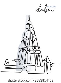 vector de arte de línea de postal diciendo explorar dubai. Wander en el medio oriente y ver las maravillas de dubai