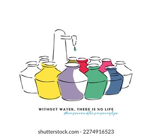 Line art vector of pots to fill with water but it is scare. Global Water day concept. Conserve it and preserve Life. Save water and save future.