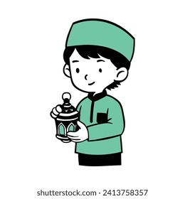line art vector of praying time in Muslim boy during Ramadan. Blessings of fasting and its breaking after evening. Hand drawn vector illustration