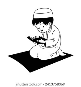line art vector of praying time in Muslim boy during Ramadan. Blessings of fasting and its breaking after evening. Hand drawn vector illustration