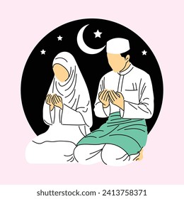 line art vector of praying time in Muslim family during Ramadan. Blessings of fasting and its breaking after evening. Hand drawn vector illustration