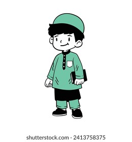 line art vector of praying time in Muslim boy during Ramadan. Blessings of fasting and its breaking after evening. Hand drawn vector illustration