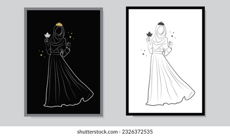 line art vector of a proud Muslim girl in a hijab. Muslim girl line art with crown and Maple leaf. Women In Islam. Black and white vector line art set.