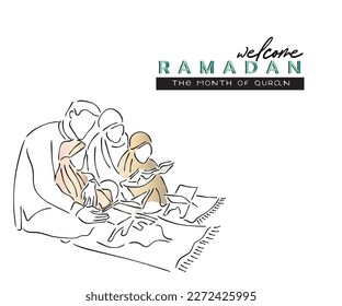 Line art vector of Ramadan observation. The holy month Ramadan. Ramadan is a month of forgiveness and special mercy. Muslims celebrate it by fasting 30 days and in worship. A muslim family together.