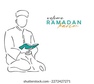 Line art vector of Ramadan observation. The holy month Ramadan. Ramadan is a month of forgiveness and special mercy. Muslims celebrate it by fasting 30 days and in worship. Pious muslim man.
