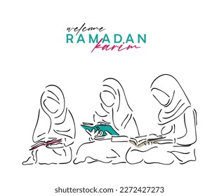Line art vector of Ramadan observation. The holy month Ramadan. Ramadan is a month of forgiveness and special mercy. Muslims celebrate it by fasting 30 days and in worship. Pious muslim man.