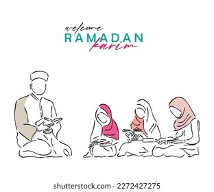 Line Art Vektor der Ramadan Beobachtung. Der heilige Monat Ramadan. Ramadan ist ein Monat der Vergebung und besonderen Barmherzigkeit. Moslems feiern es, indem sie 30 Tage lang in Gottesdienst feiern. Pious muslim man.