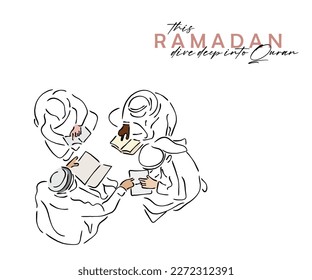 line art vector of Ramadan postcard. Muslims holy month observation. Kid praying concept. A group of Muslim brothers understanding Quran together. Quran Reciters. Quran recitation in Masjid. 