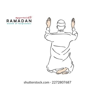 line art vector of Ramadan art. Prayer and sincere supplication line art. Muslims faith and religious practices. Divine bond of believers with GOD through dua.