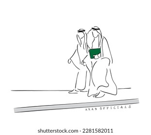 Vector de arte de línea de la delegación saudita.  Empresarios árabes. Funcionarios del Medio Oriente en visita.