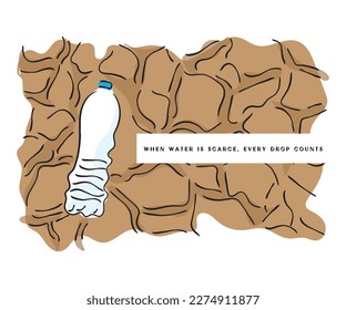Line art vector of scarcity of water in dry lands . Global Water day concept. Conserve it and preserve Life. Save water and save future.
