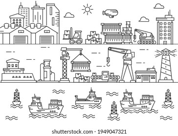 Line art vector Seaport Industry Area Illustration