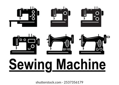 Line art vector set of antique and modern Sewing machine symbol logo or icon or stamp drawing in black and white