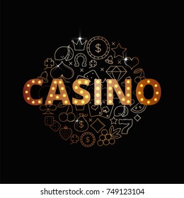 Line art vector set of Casino icons, symbols and items. Premium casino banner design. Shiny slot-machine illustration.