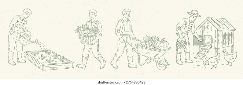 Line art vector set of farm life scenes with farmer pushing a wheelbarrow of vegetables, collecting eggs near a chicken coop, watering garden beds, and carrying a basket of vegetables. Minimal monochrome