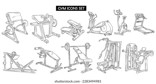 Line art vector of set of gym icons. Exercise and workout concept.