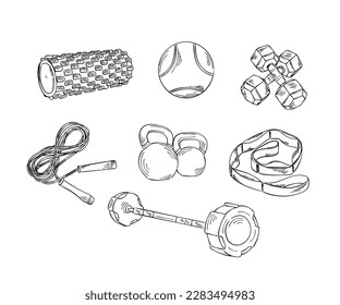 Line art vector of set of gym icons. Exercise and workout concept.