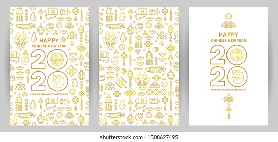 Line art vector set with Happy New Year 2020 cards, logo text design in Chinese style. Pattern of Chinese elements, Rat zodiac sign, symbol of 2020 on the Chinese calendar for New Year's design.