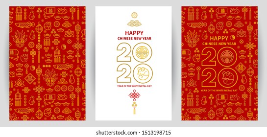 Line art vector set with Happy New Year 2020 cards, logo text design in Chinese style. Pattern of Chinese elements, Rat zodiac sign, symbol of 2020 on the Chinese calendar for New Year's design.