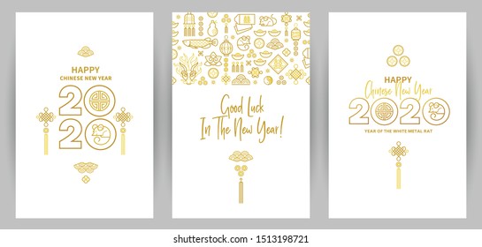 Line art vector set with Happy New Year 2020 cards, logo text design in Chinese style. Pattern of Chinese elements, Rat zodiac sign, symbol of 2020 on the Chinese calendar for New Year's design.