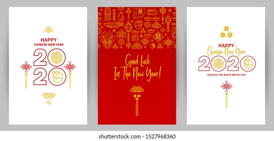 Line art vector set with Happy New Year 2020 cards, logo text design in Chinese style. Pattern of Chinese elements, Rat zodiac sign, symbol of 2020 on the Chinese calendar for New Year's design.