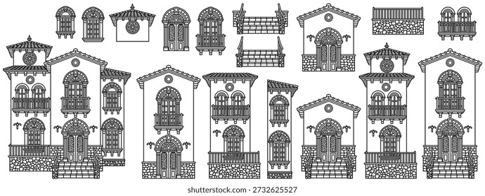 Conjunto de Vectores de estilo mediterráneo de fachada de chalets Elementos: casas modulares, puertas arqueadas, ventanas, balcones, escaleras y azulejos. Dibujado a mano, no AI