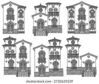 Conjunto de Vectores de estilo mediterráneo de fachada de chalets Elementos: casas modulares, puertas arqueadas, ventanas, balcones, escaleras y azulejos. Dibujado a mano, no AI