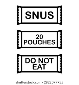 Line art vector set of smokeless tobacco portions with text labels including snus branding, pouch quantity and safety warning sign.