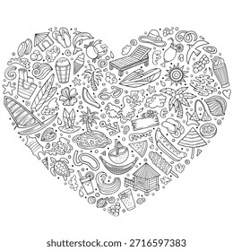 Line art vector set of Summer Beach cartoon doodle objects, symbols and items. Heart form composition