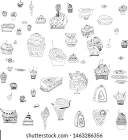 
Line art vector set of sweets, cake, ice cream, candy, tea drinking, decoration. Decor for kitchen and children's room, wrapping paper, holiday card