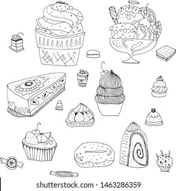 
Line art vector set of sweets, cake, ice cream, candy, tea drinking, decoration. Decor for kitchen and children's room, wrapping paper, holiday card