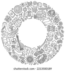 Line art vector set of Ukraine cartoon doodle objects, symbols and items. Round frame composition