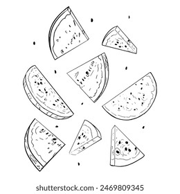 Line Art Vektorgrafik Set von Wassermelonenfrüchten. Schwarz-weiß gravierte Tinte Kunst. Handskizze für Wassermelonenscheibe Illustration