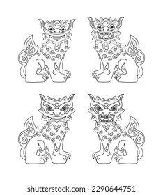 Line art vector of Shisa legendary creature guardian lions of Okinawa island Japan drawing in black and white