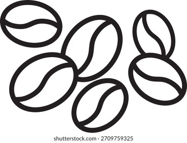 Vetor de arte de linha de seis grãos de café com ranhuras centrais em layout disperso. Ideal para marcas de café, ícones com temas de café, ilustrações de alimentos minimalistas e imagens de barista ou assar.
