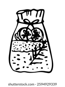 Line art Vector sketch spice bag on isolated background. Naive Linear contour illustration spa salt for logotype or contemporary design. Black and white contour drawing spice.