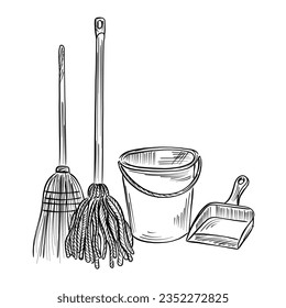 boceto vectorial de línea de conjunto de barrido. Dibujo de lápices Dustpan y mop.