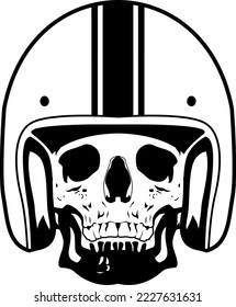 line art vector skull retro helmet black white, tengkorak dengan helm retro
