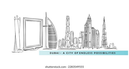 Line art vector of skyline of Duai. Explore dubai. Isolated design for printing.