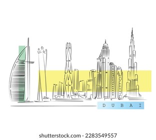 Line Art Vektor der Skyline von Duai. Entdecken Sie Dubai. Einzelnes Design für den Druck.