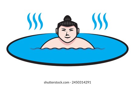 Line art vector of smiling Japanese wide body man or Sumo man in hot spring or Japanese onsen drawing in colorful cartoon vector