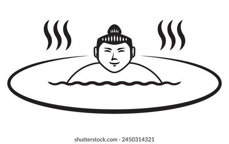 Line art vector of smiling Japanese wide body man or Sumo man in hot spring or Japanese onsen drawing in black and white