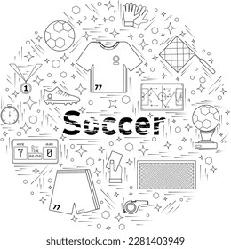 Line art vector of Soccer cartoon doodle objects, symbols and items. Round frame composition on White Background.
